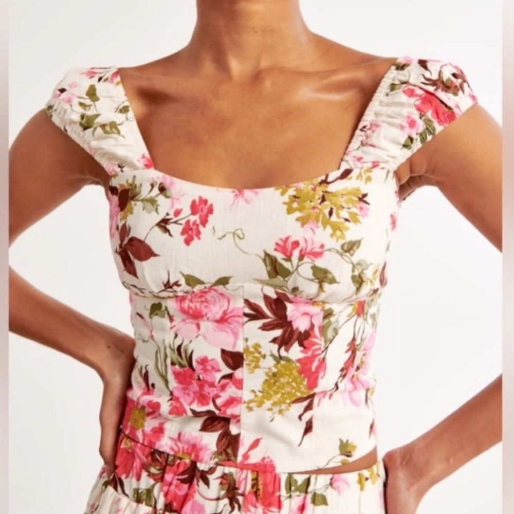 Abercrombie & Fitch Floral Linen-Blend Scrunchie Cap Sleeve Corset Top Size L